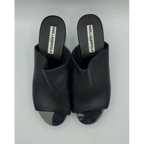 Karl Lagerfeld 'Lyric' 38.5 Black Leather Slide Wedge Platform 8 Sandals NWOB