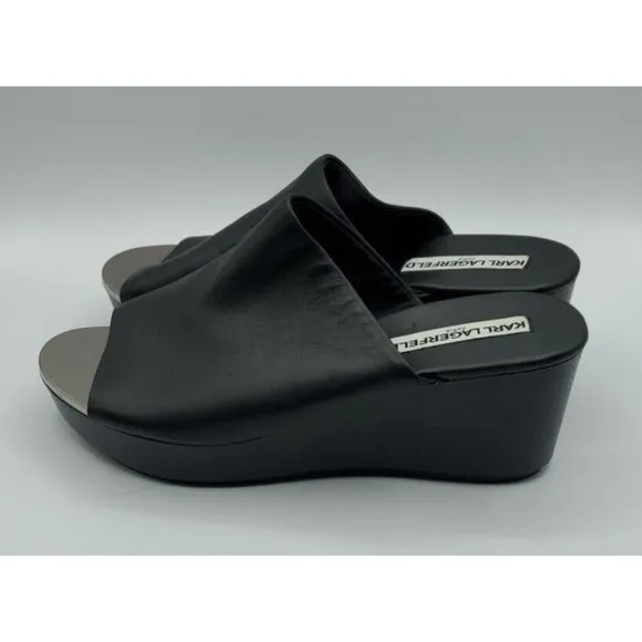 Karl Lagerfeld 'Lyric' 38.5 Black Leather Slide Wedge Platform 8 Sandals NWOB