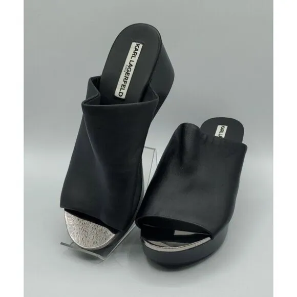 Karl Lagerfeld 'Lyric' 38.5 Black Leather Slide Wedge Platform 8 Sandals NWOB
