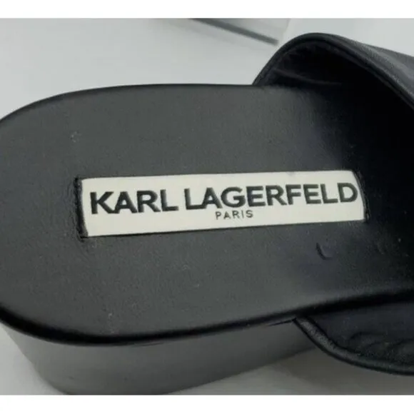 Karl Lagerfeld 'Lyric' 38.5 Black Leather Slide Wedge Platform 8 Sandals NWOB