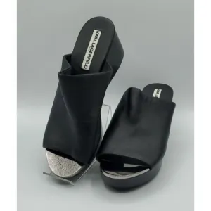 Karl Lagerfeld 'Lyric' 38.5 Black Leather Slide Wedge Platform 8 Sandals NWOB