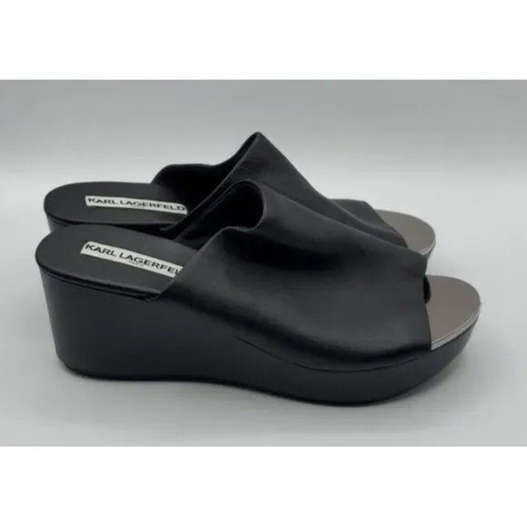 Karl Lagerfeld 'Lyric' 38.5 Black Leather Slide Wedge Platform 8 Sandals NWOB