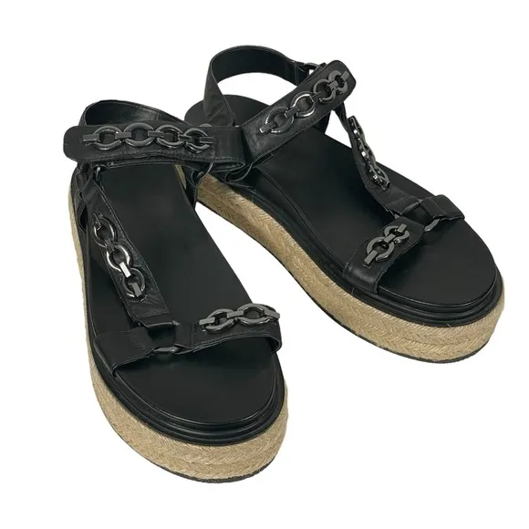 Karl Lagerfeld Paris Black Leather Chain Accent Platform Espadrille Sandals 9.5M