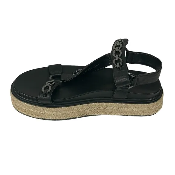 Karl Lagerfeld Paris Black Leather Chain Accent Platform Espadrille Sandals 9.5M
