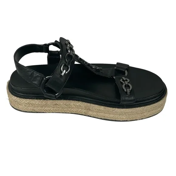 Karl Lagerfeld Paris Black Leather Chain Accent Platform Espadrille Sandals 9.5M