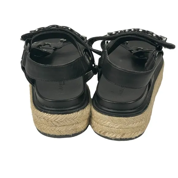 Karl Lagerfeld Paris Black Leather Chain Accent Platform Espadrille Sandals 9.5M