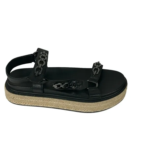 Karl Lagerfeld Paris Black Leather Chain Accent Platform Espadrille Sandals 9.5M