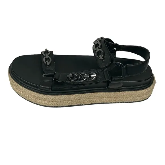 Karl Lagerfeld Paris Black Leather Chain Accent Platform Espadrille Sandals 9.5M