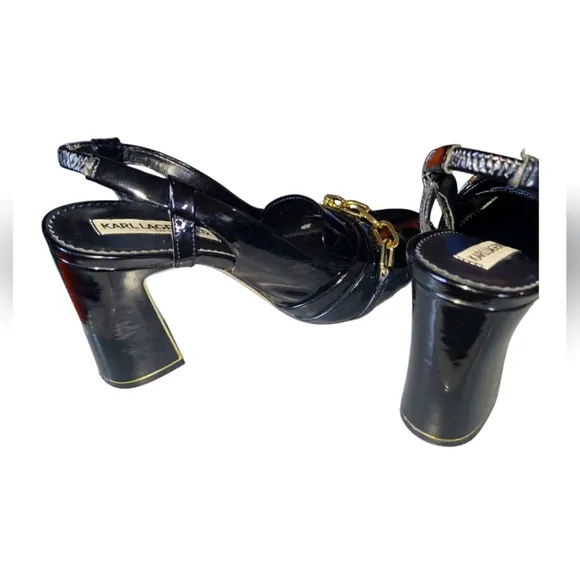 Karl Lagerfeld Paris Black Patent Leather Slingback Gold Chain Detail Heels