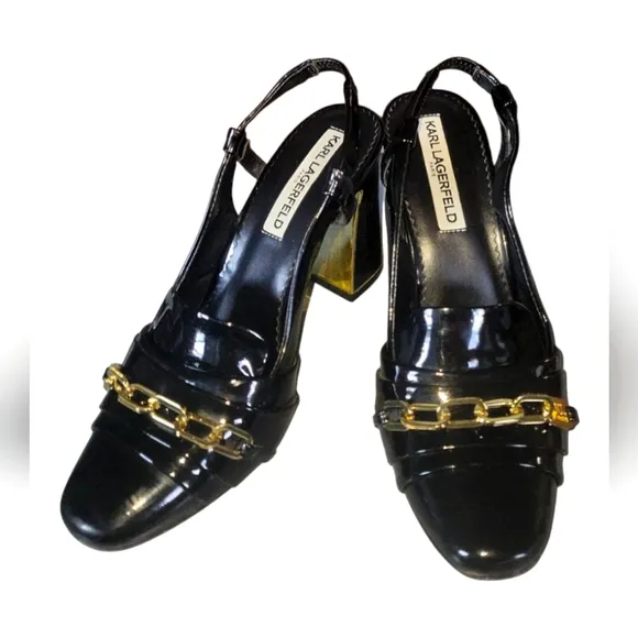 Karl Lagerfeld Paris Black Patent Leather Slingback Gold Chain Detail Heels