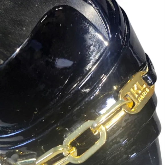 Karl Lagerfeld Paris Black Patent Leather Slingback Gold Chain Detail Heels