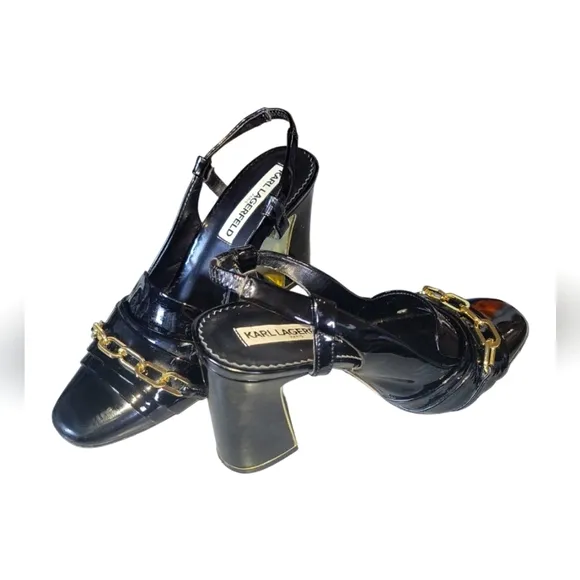 Karl Lagerfeld Paris Black Patent Leather Slingback Gold Chain Detail Heels
