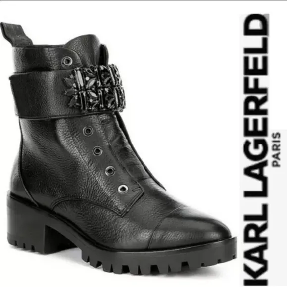 Karl Lagerfeld Pippa Lug Sole Black Combat Boots Size 7.5