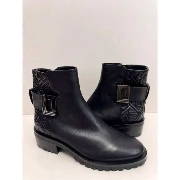 Karl Lagerfeld Boots Size 9 Black Leather Womens Lug Sole Zip Closure NEW