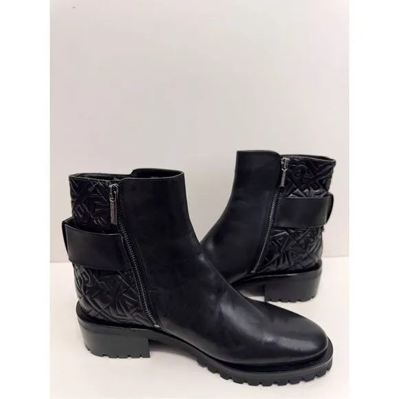 Karl Lagerfeld Boots Size 9 Black Leather Womens Lug Sole Zip Closure NEW