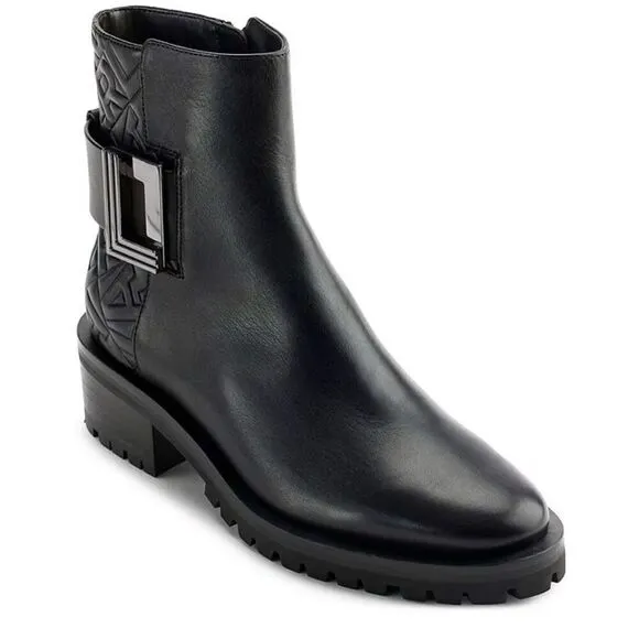Karl Lagerfeld Boots Size 9 Black Leather Womens Lug Sole Zip Closure NEW