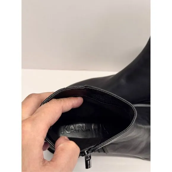 Karl Lagerfeld Boots Size 9 Black Leather Womens Lug Sole Zip Closure NEW