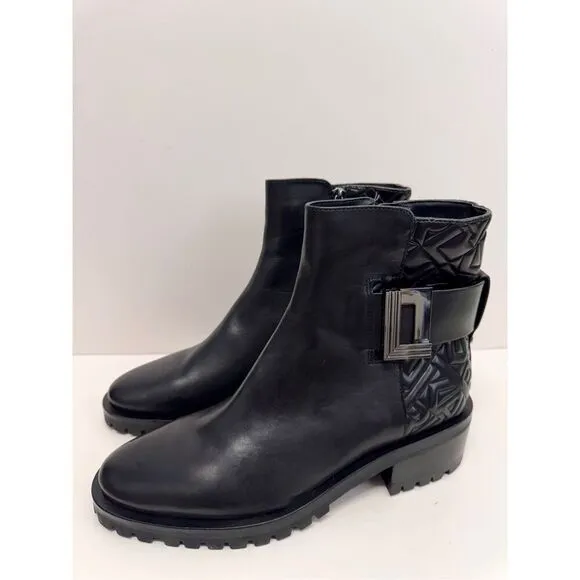 Karl Lagerfeld Boots Size 9 Black Leather Womens Lug Sole Zip Closure NEW