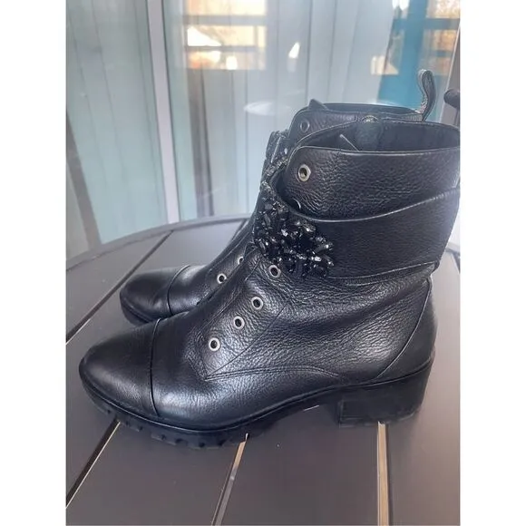 Karl Lagerfeld Pipa Crystal Embellished Platform Ankle Boots Black 9.5 Moto