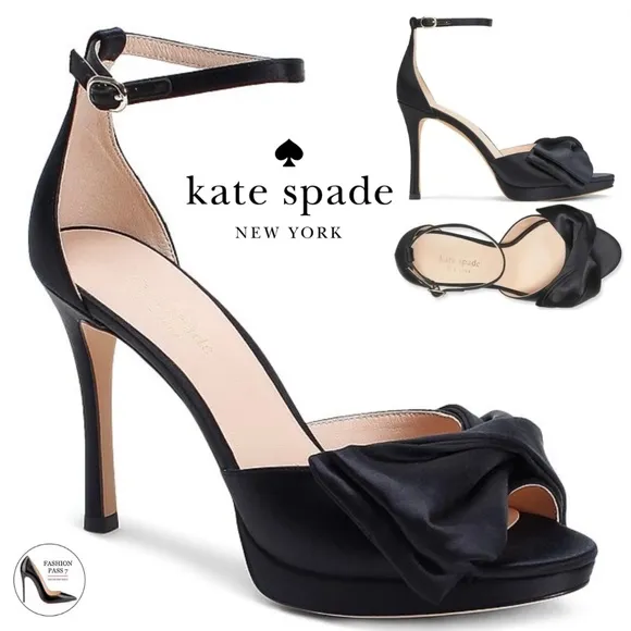 Kate Spade Bridal Bow Black Satin Platform Sandal Stiletto Heel Evening Pumps 9