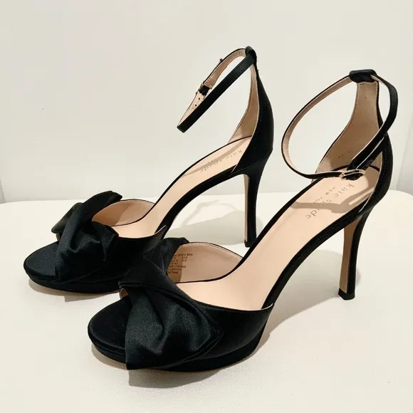 Kate Spade Bridal Bow Black Satin Platform Sandal Stiletto Heel Evening Pumps 9
