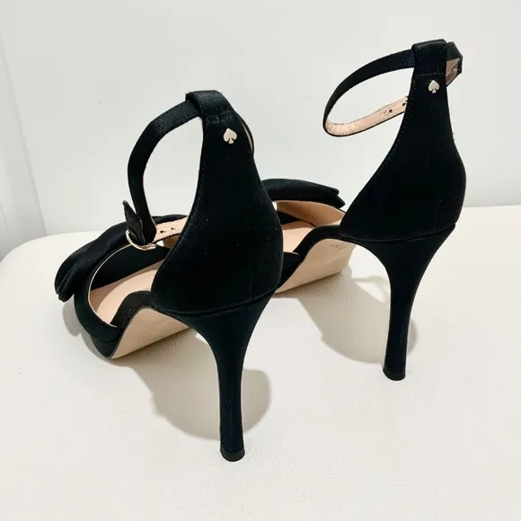 Kate Spade Bridal Bow Black Satin Platform Sandal Stiletto Heel Evening Pumps 9