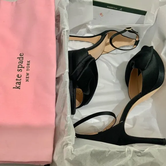 Kate Spade Bridal Bow Black Satin Platform Sandal Stiletto Heel Evening Pumps 9
