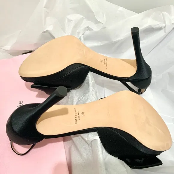 Kate Spade Bridal Bow Black Satin Platform Sandal Stiletto Heel Evening Pumps 9