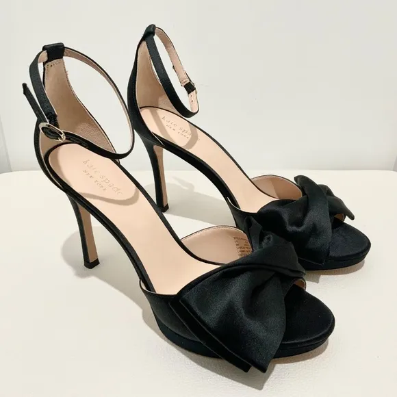 Kate Spade Bridal Bow Black Satin Platform Sandal Stiletto Heel Evening Pumps 9
