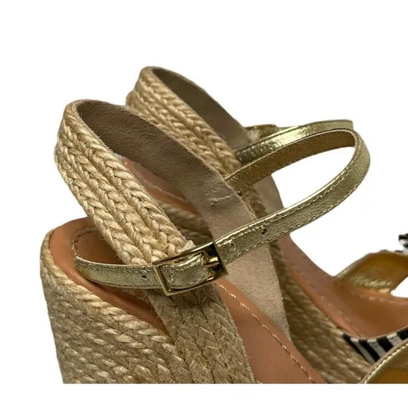 Kate Spade Carmelita Black White Stripe Bow Espadrille Nautical Wedge Sandals 7