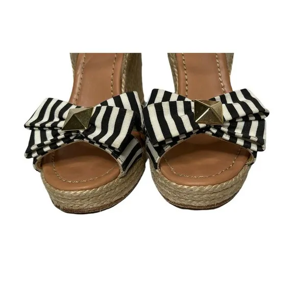 Kate Spade Carmelita Black White Stripe Bow Espadrille Nautical Wedge Sandals 7