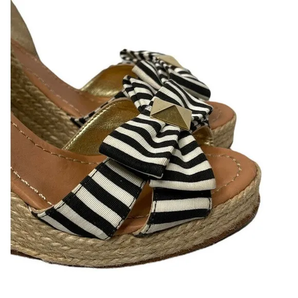 Kate Spade Carmelita Black White Stripe Bow Espadrille Nautical Wedge Sandals 7