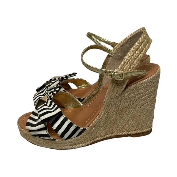 Kate Spade Carmelita Black White Stripe Bow Espadrille Nautical Wedge Sandals 7