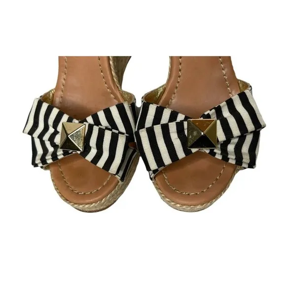 Kate Spade Carmelita Black White Stripe Bow Espadrille Nautical Wedge Sandals 7