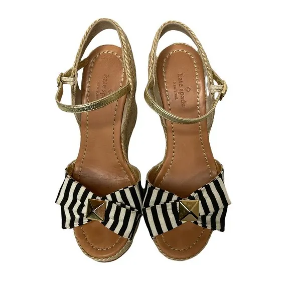 Kate Spade Carmelita Black White Stripe Bow Espadrille Nautical Wedge Sandals 7