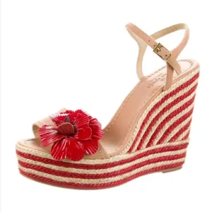 Kate Spade Lainey Red Stripes Poppy Floral Appliqué Wedge Espadrille Sandals
