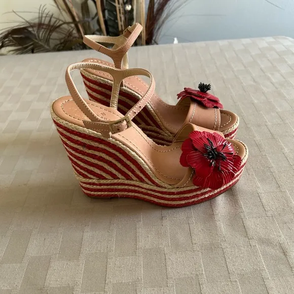 Kate Spade Lainey Red Stripes Poppy Floral Appliqué Wedge Espadrille Sandals