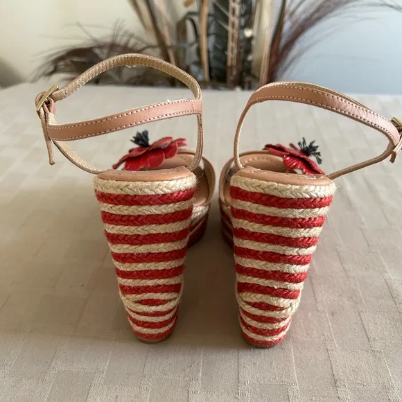 Kate Spade Lainey Red Stripes Poppy Floral Appliqué Wedge Espadrille Sandals