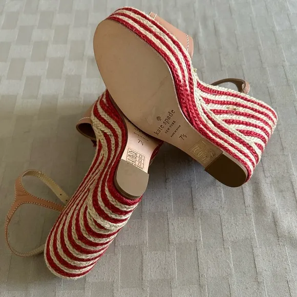 Kate Spade Lainey Red Stripes Poppy Floral Appliqué Wedge Espadrille Sandals