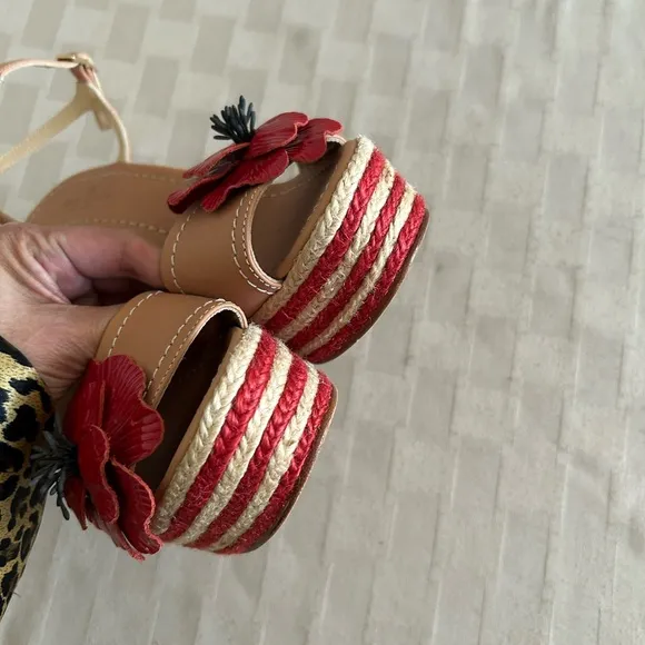 Kate Spade Lainey Red Stripes Poppy Floral Appliqué Wedge Espadrille Sandals