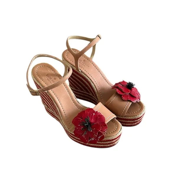 Kate Spade Lainey Red Stripes Poppy Floral Appliqué Wedge Espadrille Sandals