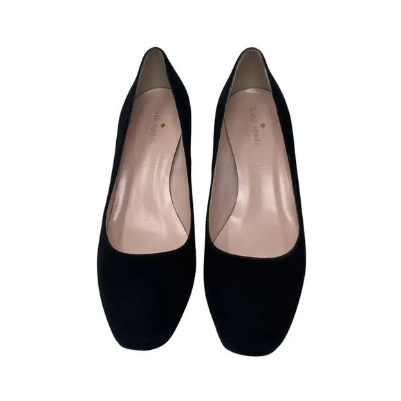 Kate Spade New York Dolores Too Suede Block Heel Pumps - Black with Gold - Sz 8