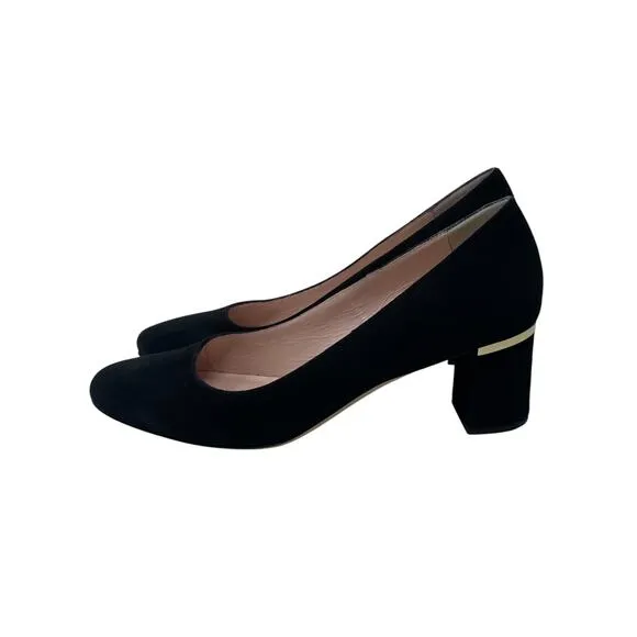 Kate Spade New York Dolores Too Suede Block Heel Pumps - Black with Gold - Sz 8