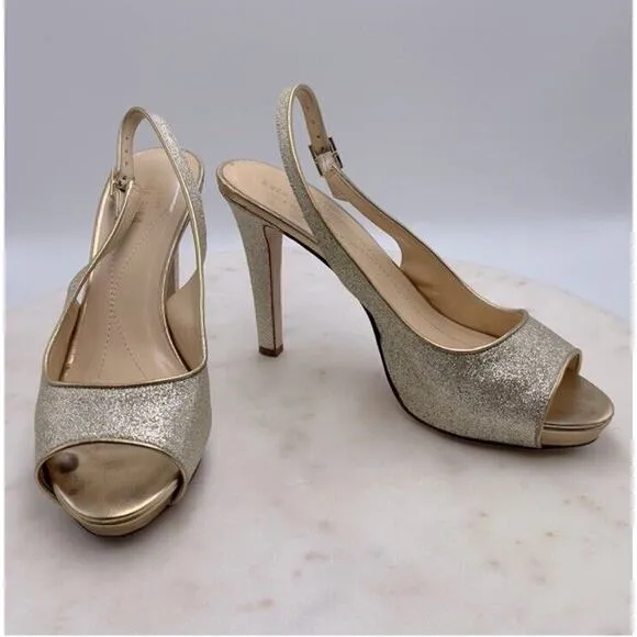 Kate Spade New York Gold Open Toe Slingback Heels Pumps Glitter Shoes Size 8