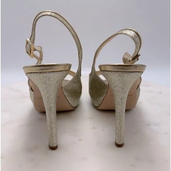 Kate Spade New York Gold Open Toe Slingback Heels Pumps Glitter Shoes Size 8
