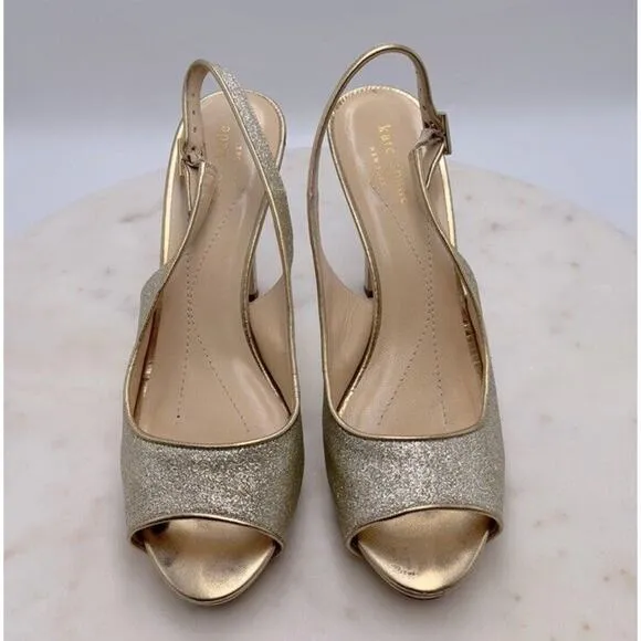 Kate Spade New York Gold Open Toe Slingback Heels Pumps Glitter Shoes Size 8