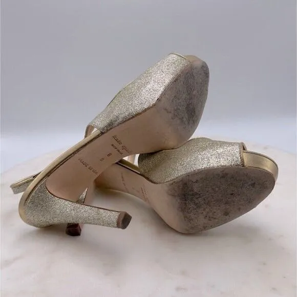 Kate Spade New York Gold Open Toe Slingback Heels Pumps Glitter Shoes Size 8