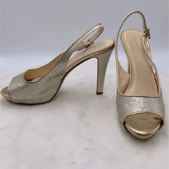 Kate Spade New York Gold Open Toe Slingback Heels Pumps Glitter Shoes Size 8