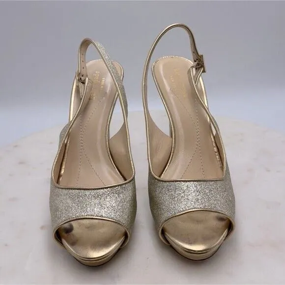 Kate Spade New York Gold Open Toe Slingback Heels Pumps Glitter Shoes Size 8
