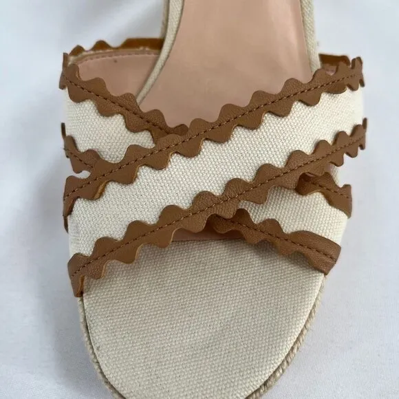 Kate Spade New York Wedge Espadrille Sandals Size 9.5 Beige Brown Leather RicRac